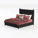 Vintage Carved Black Solid Wood Platform Bed with Upholstered Bedding 3D Model Left 45 Degree View