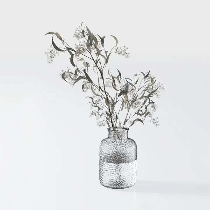 Minimalist Clear Hammered Glass Vase with Dried Eucalyptus 3D Model