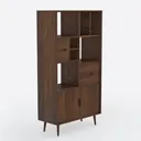 Mid-Century Solid Walnut Wood Freestanding Display Cabinet with Drawers 3D Model Right 45 Degree View