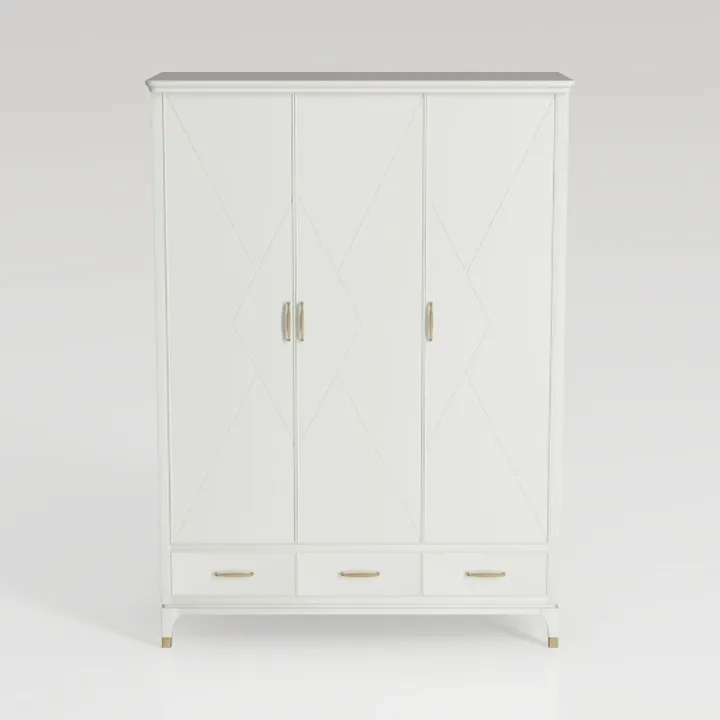 Minimalist White Solid Wood 3 Door Wardrobe with Gold Hardware 3D Model