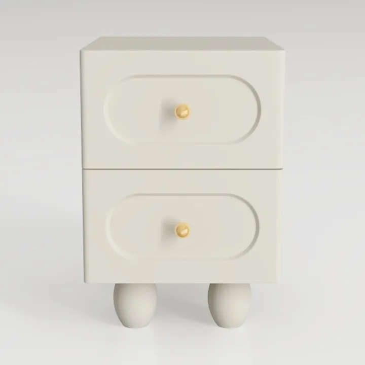 Minimalist Solid Wood Two Drawer Nightstand with Brass Hardware 3D Model