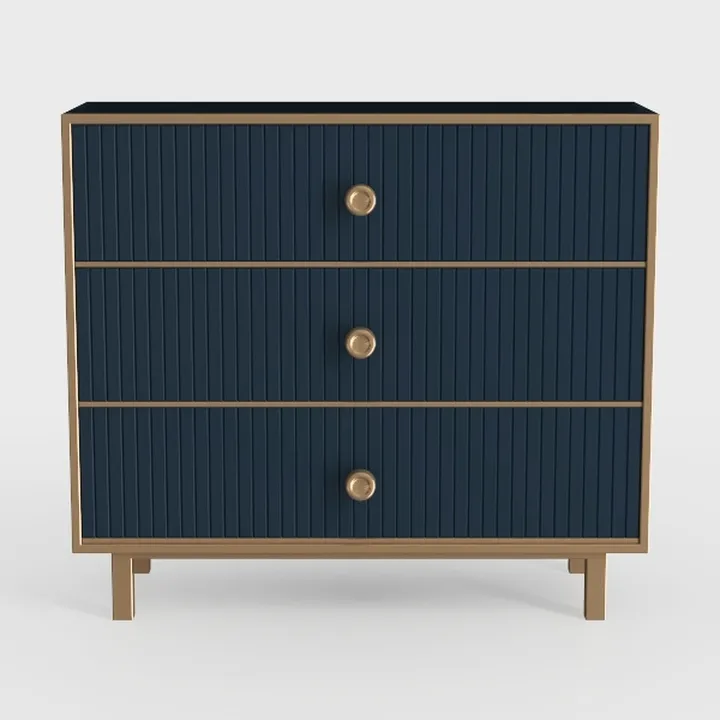 Modern Navy Blue Gold Trim Fluted 3 Drawer Dresser Cabinet 3D Model