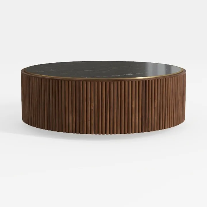 Modern Fluted Solid Wood Marble Top Round Coffee Table 3D Model