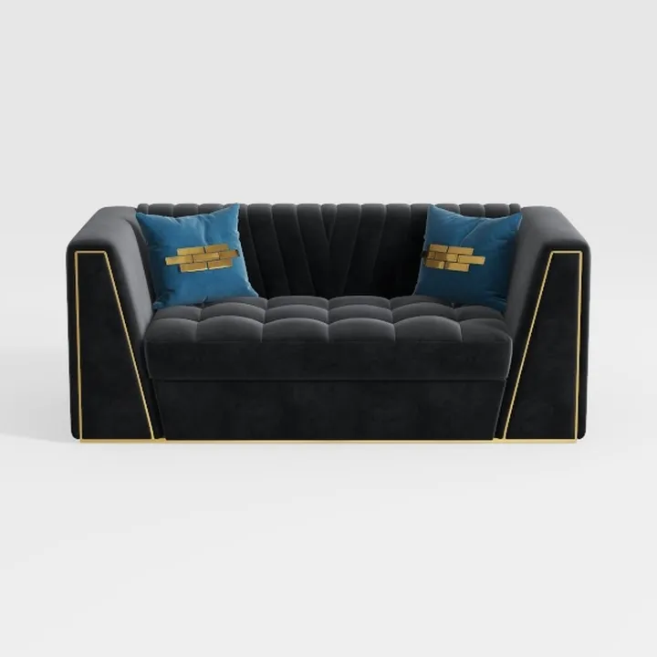 Luxury Black Velvet Gold Trim Tufted Loveseat Sofa 3D Model