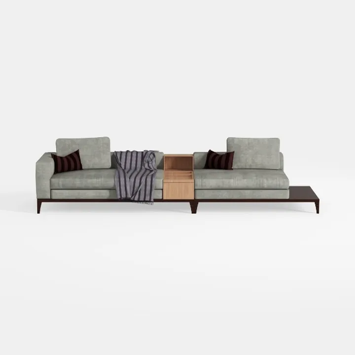 Modern Fabric L Shaped Sectional Sofa with Side Table and Wood Accents 3D Model