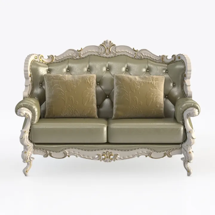 Classic Baroque Leather Tufted Loveseat with Decorative Carved Wood Frame 3D Model