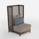 Modern Solid Wood Rattan Fabric High Back Accent Chair 3D Model Right 45 Degree View