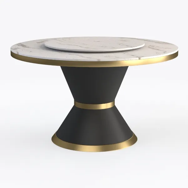Modern Marble Top Gold Trim Round Dining Table with Lazy Susan 3D Model Front View