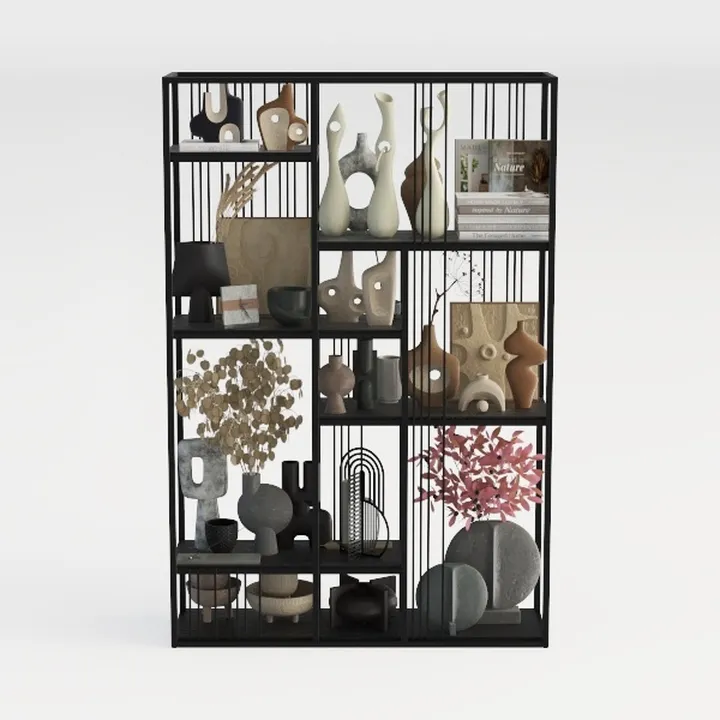 Modern Black Metal Open Bookshelf Display Cabinet With Decor Accents 3D Model