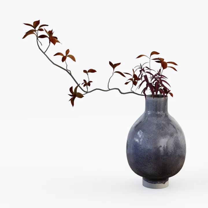 Minimalist Glazed Ceramic Vase with Dried Floral Arrangement 3D Model