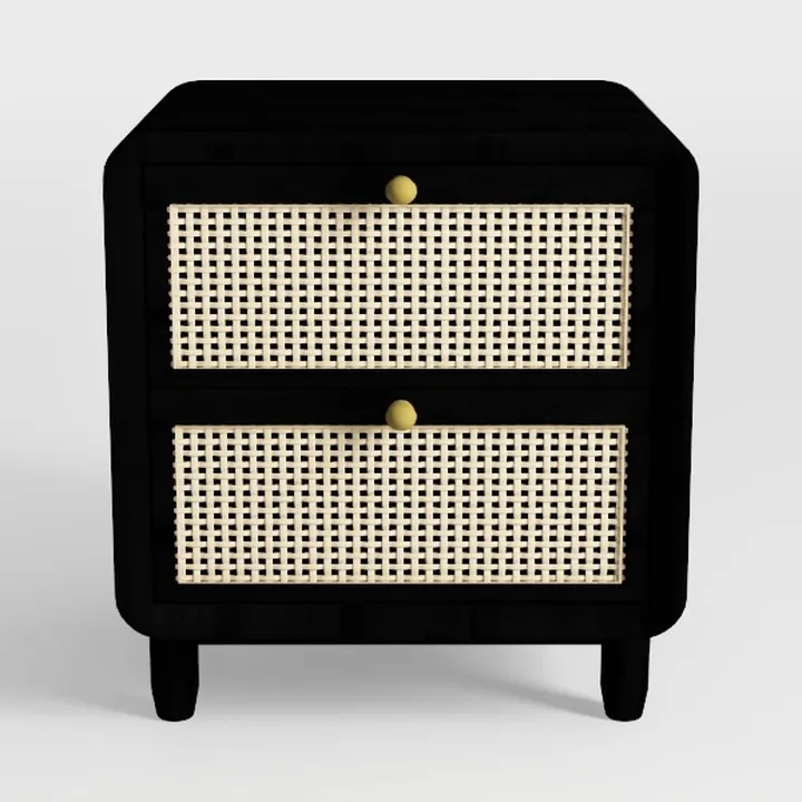Japandi Black Solid Wood Rattan Two Drawer Nightstand 3D Model