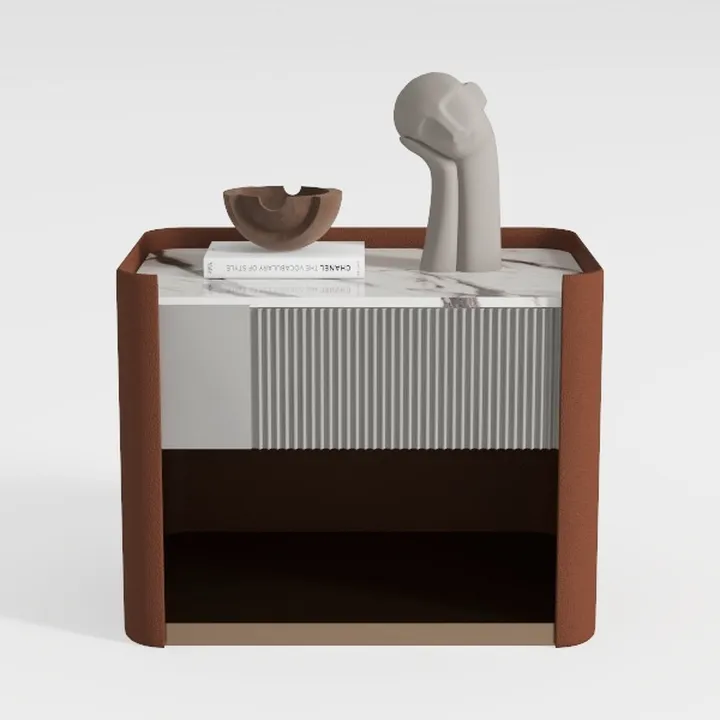 Modern Leather Marble Top Fluted Nightstand 3D Model