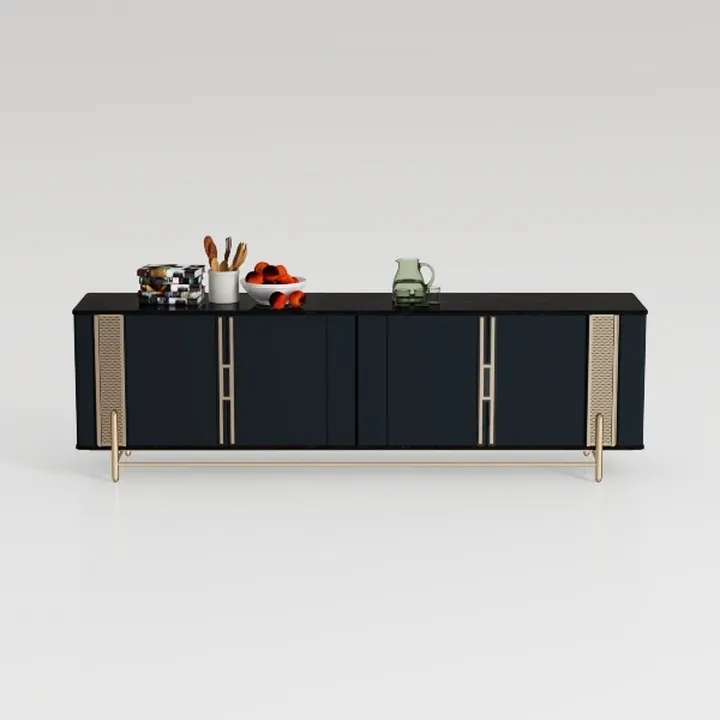 Modern Black Gold Marble Top Solid Wood Sideboard 3D Model