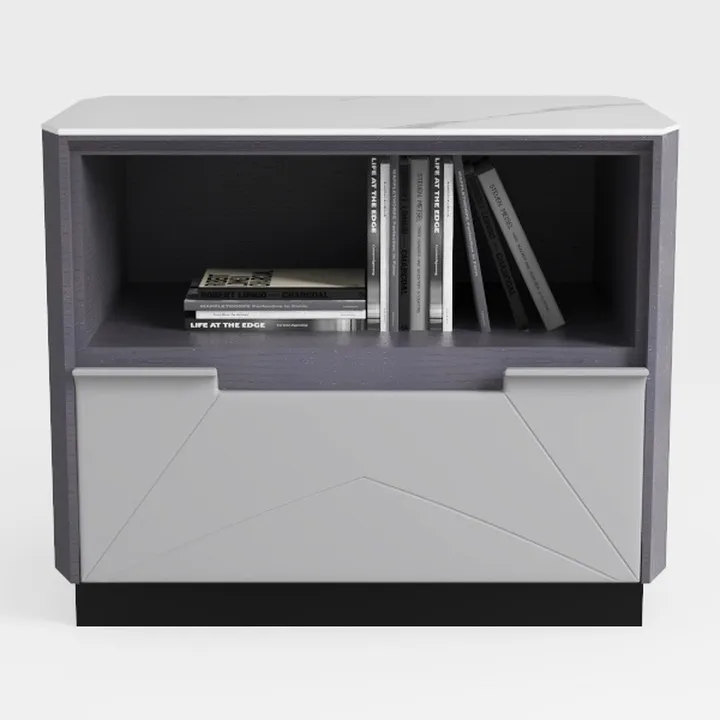 Modern Marble Top Solid Wood Nightstand With Open Storage Shelf 3D Model