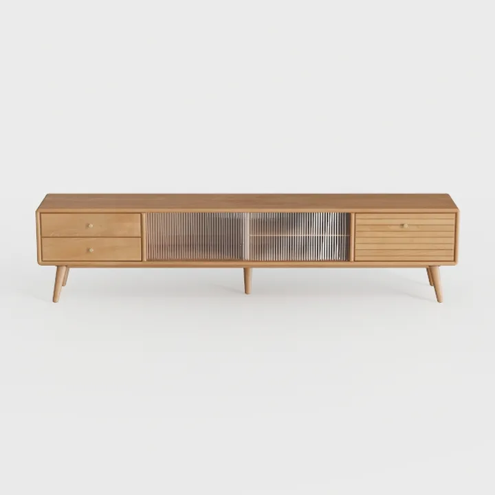 Minimalist Solid Wood TV Cabinet With Fluted Glass Doors 3D Model