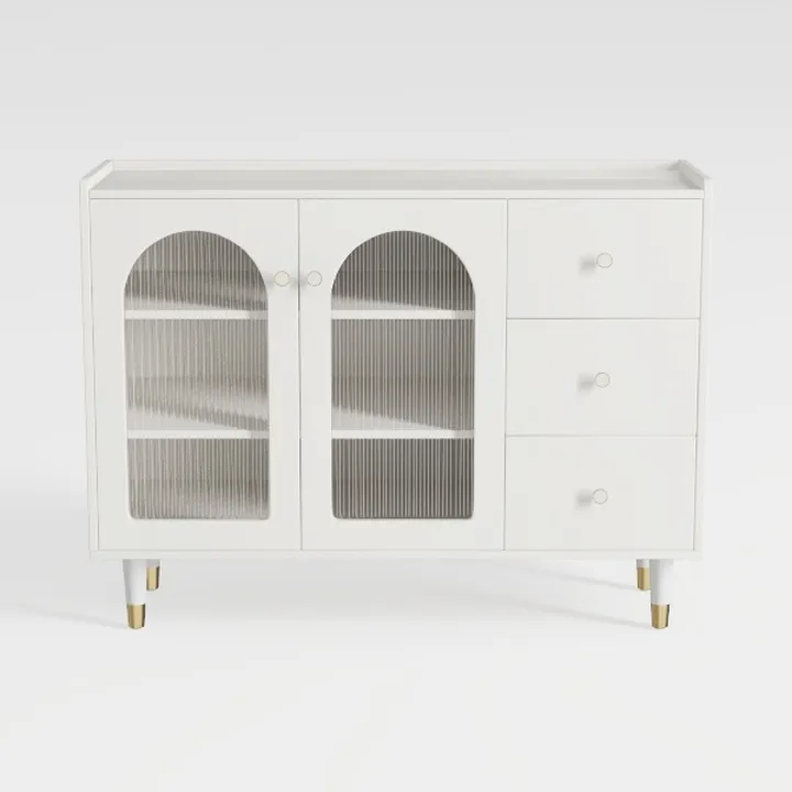 Minimalist White Fluted Glass Sideboard Cabinet with Gold Accents 3D Model