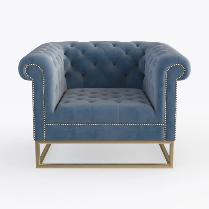 Blue Velvet Tufted Chesterfield Armchair with Gold Metal Base 3D Model