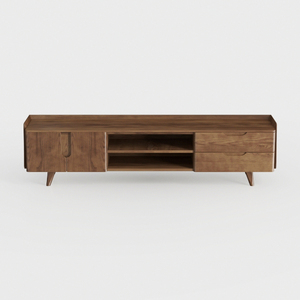 Mid-Century Solid Walnut Wood TV Stand With Storage Drawers Open Shelves 3D Model