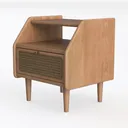 Mid Century Modern Rattan Solid Wood Nightstand 3D Model Left 45 Degree View