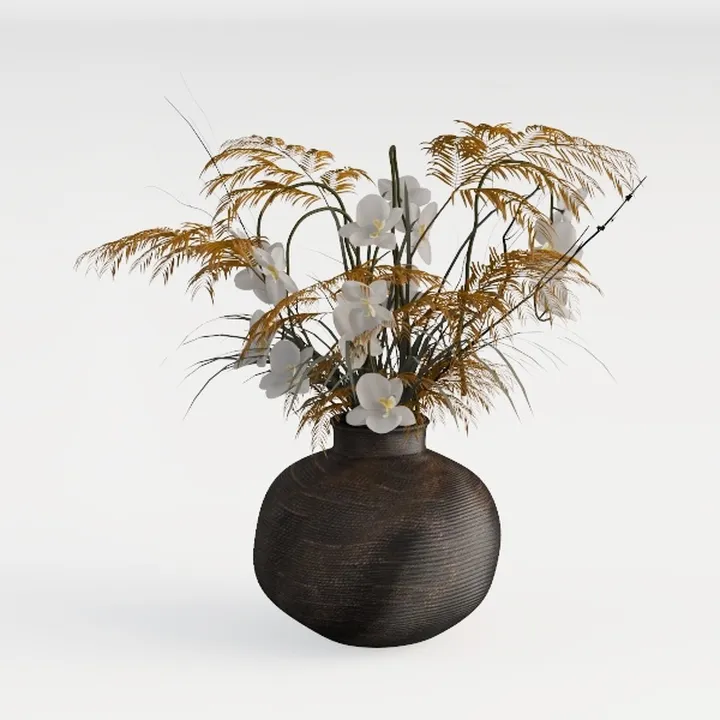 Minimalist Dark Brown Textured Ceramic Vase with Orchid Floral Arrangement 3D Model