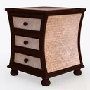 Vintage Walnut Rattan 3 Drawer Nightstand 3D Model Left 45 Degree View