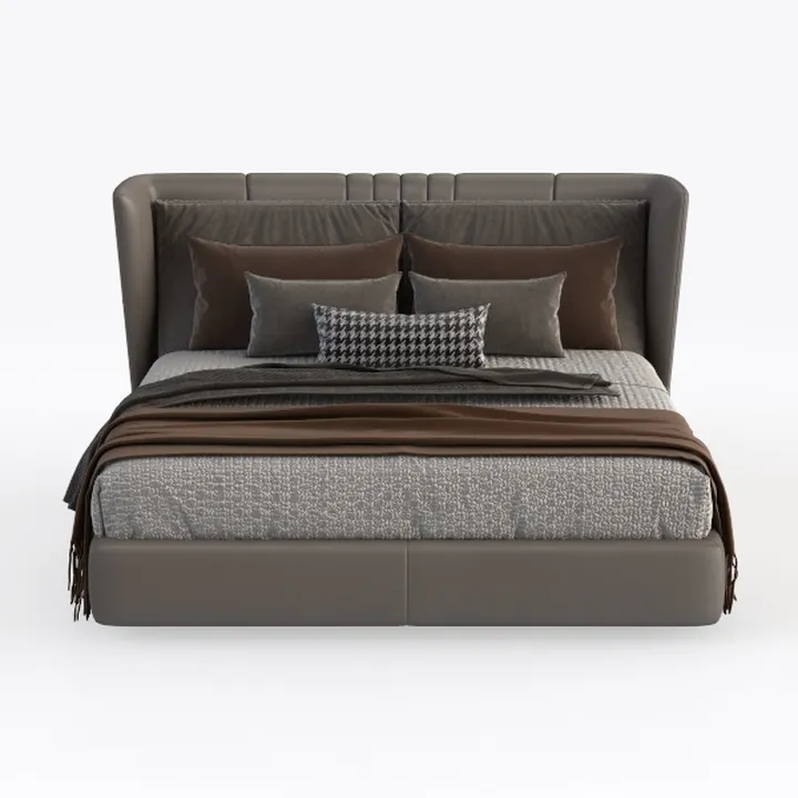 Modern Taupe Leather Upholstered Wingback Bed 3D Model