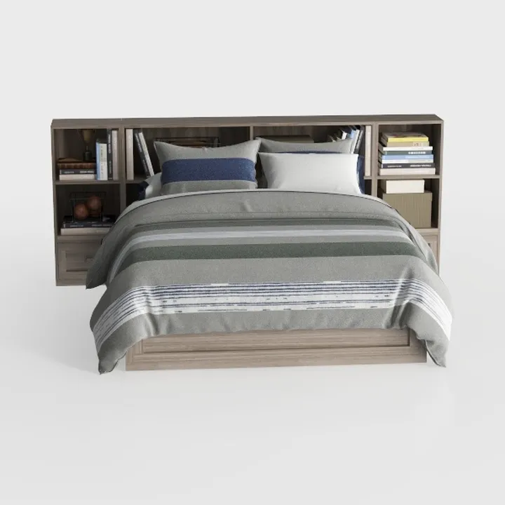 Modern Solid Wood Storage Bed with Built in Bookshelves 3D Model