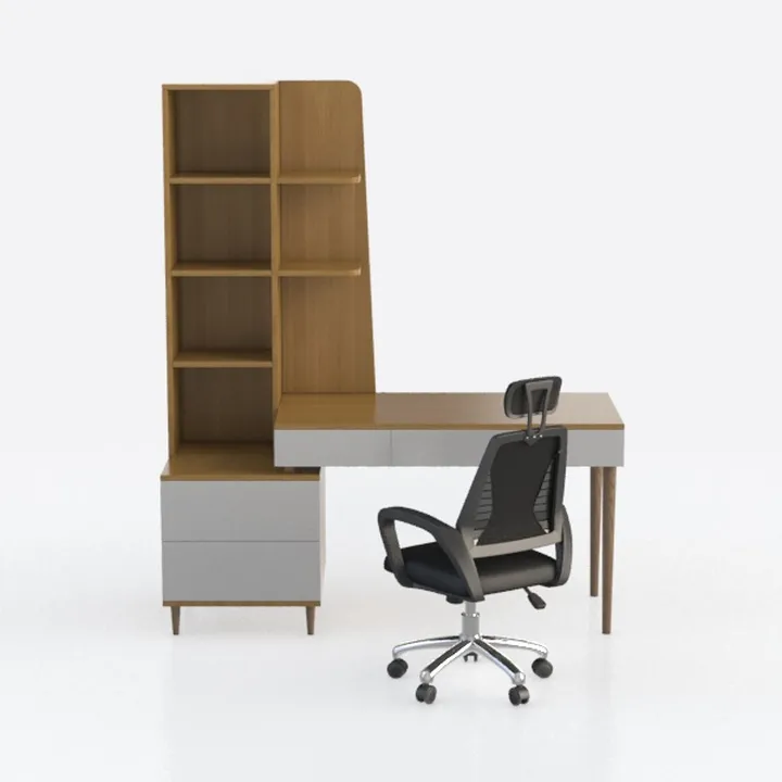 Scrivania moderna per computer da 119,4 cm, con libreria e 3 cassetti, semplice per casa, ufficio, studio, postazione di lavoro per studenti, finitura grigia, design salvaspazio