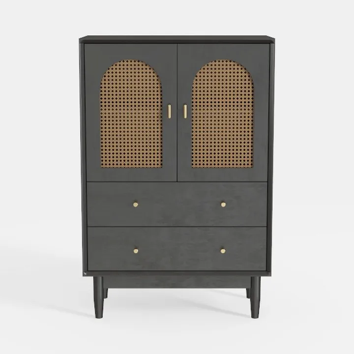 Modern Japandi Black Solid Wood Rattan Accent Cabinet 3D Model