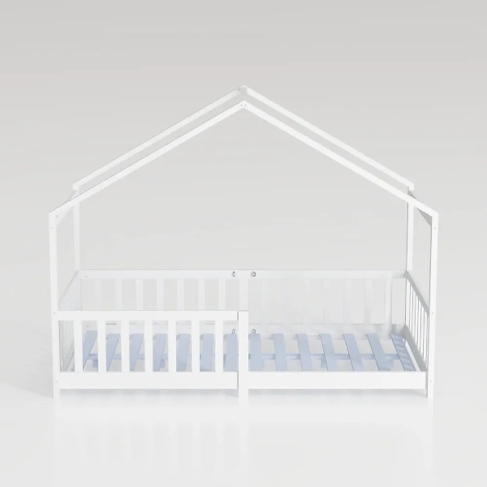 Twin Size Metal House Platform Bed with Guardrail 