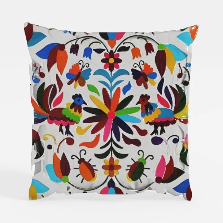 Bohemian Floral Print Throw Pillow with Vibrant Folk Art Design 3D Model