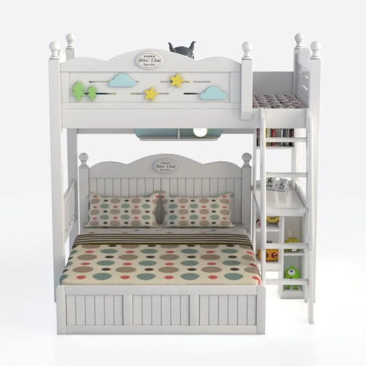 Modern White Solid Wood Kids Bunk Bed with Built in Storage Shelves 3D Model