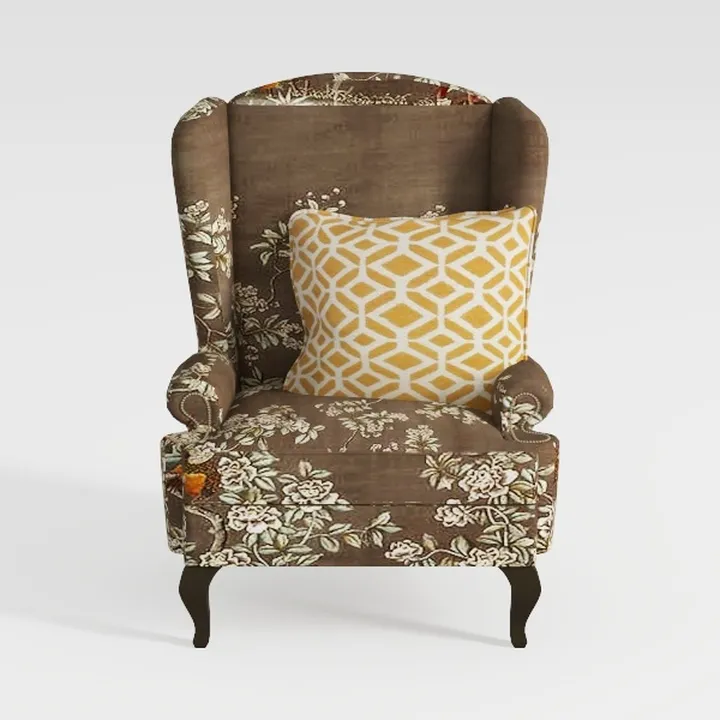 Vintage Floral Fabric Wingback Armchair 3D Model