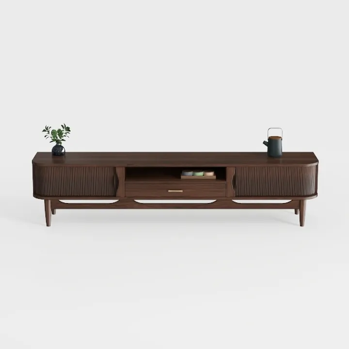 Mid-Century Solid Walnut Wood TV Stand with Fluted Panel Details 3D Model