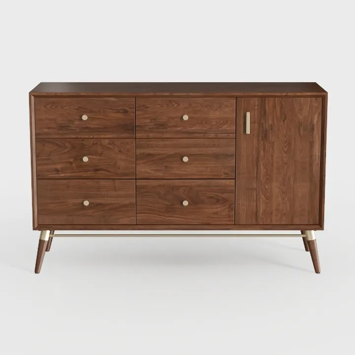 Mid-Century Walnut Wood Sideboard Cabinet with Brass Accents 3D Model