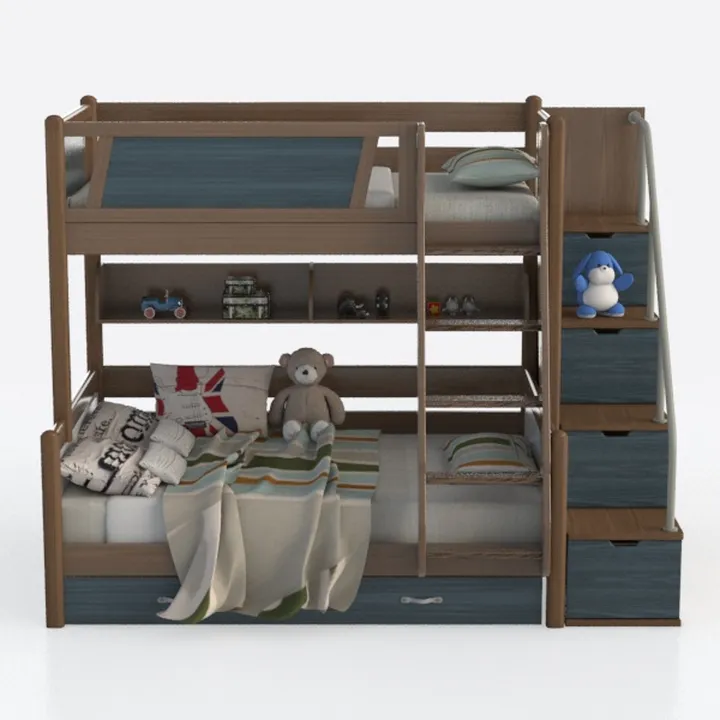 Modern Solid Wood Blue Storage Bunk Bed with Shelves 3D Model