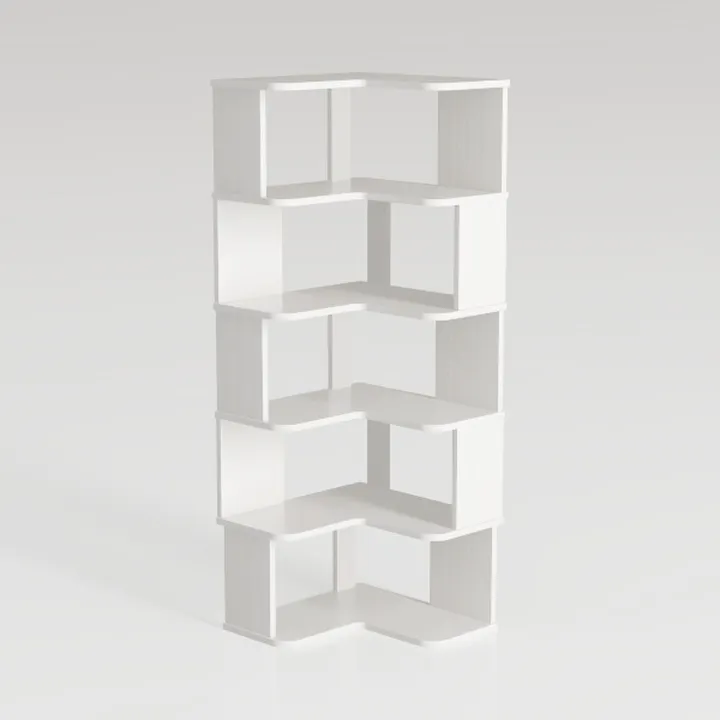Minimalist White Solid Wood Corner Bookshelf 3D Model