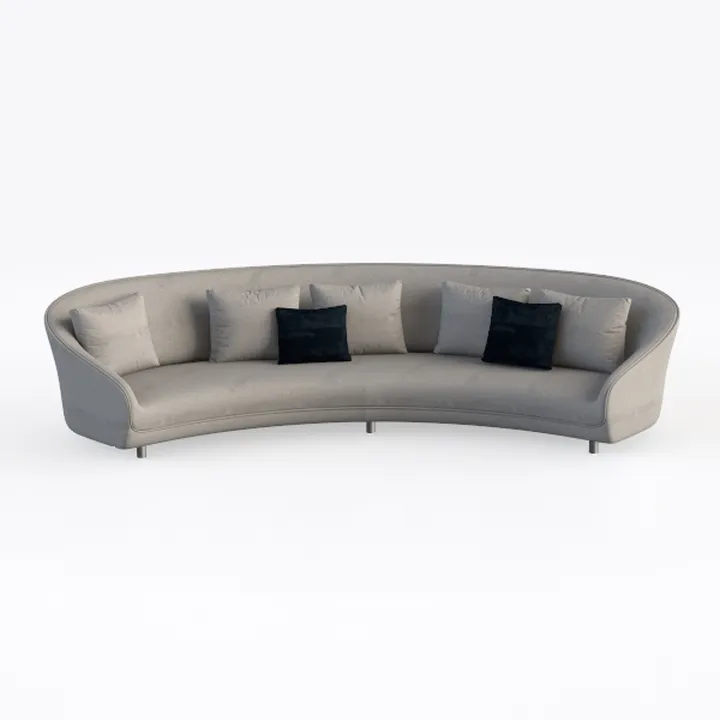 Minimalist Light Gray Fabric Curved Sofa with Throw Pillows 3D Model