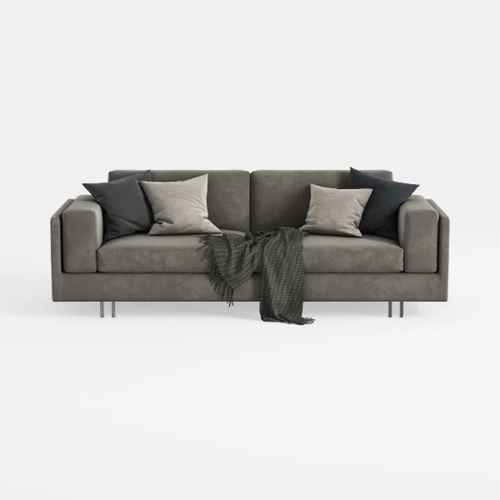Minimalist Gray Fabric Sofa With Throw Pillows And Blanket 3D Model
