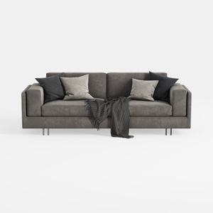 Minimalist Gray Fabric Sofa With Throw Pillows And Blanket 3D Model