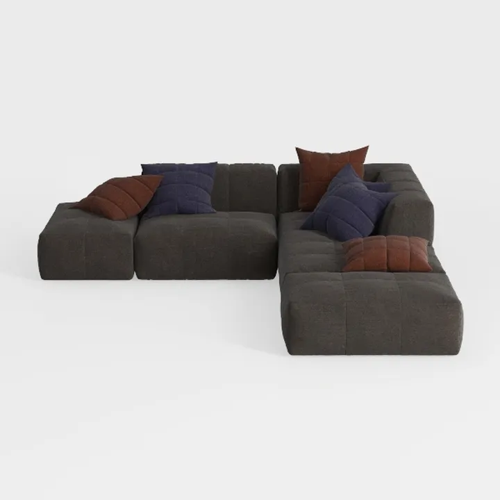 Minimalist Dark Fabric L-shaped Sectional Sofa with Throw Pillows 3D Model