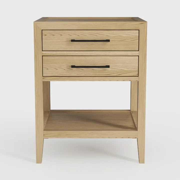 Minimalist Solid Oak Wood 2 Drawer Nightstand with Open Shelf 3D Model