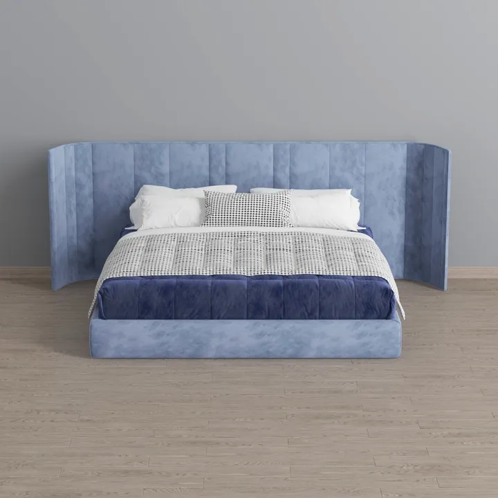 Modern Blue Velvet Upholstered Wide Headboard King Bed 3D Model