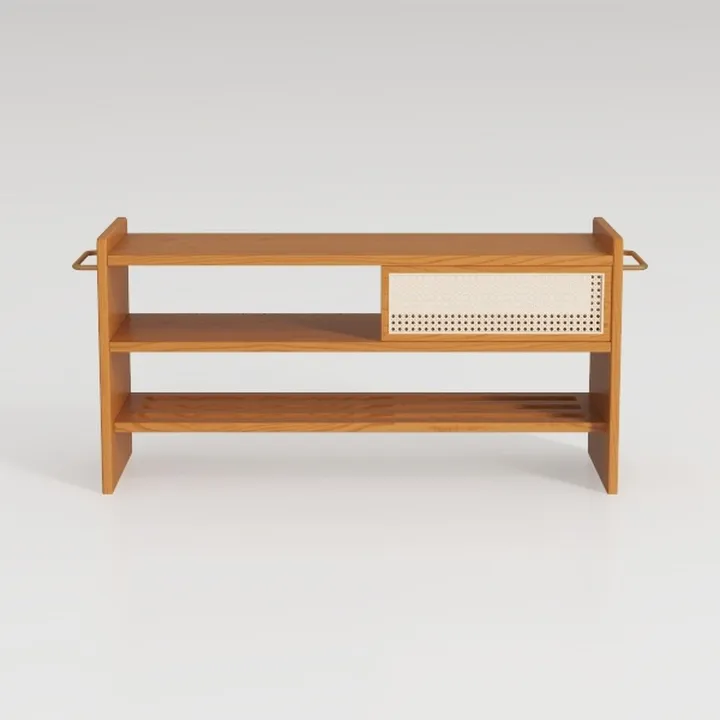Minimalist Solid Wood Rattan Console Table With Metal Handles 3D Model