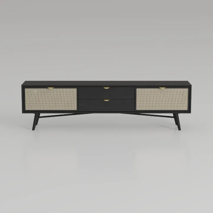 Mid-Century Black Solid Wood Rattan TV Stand Cabinet 3D Model