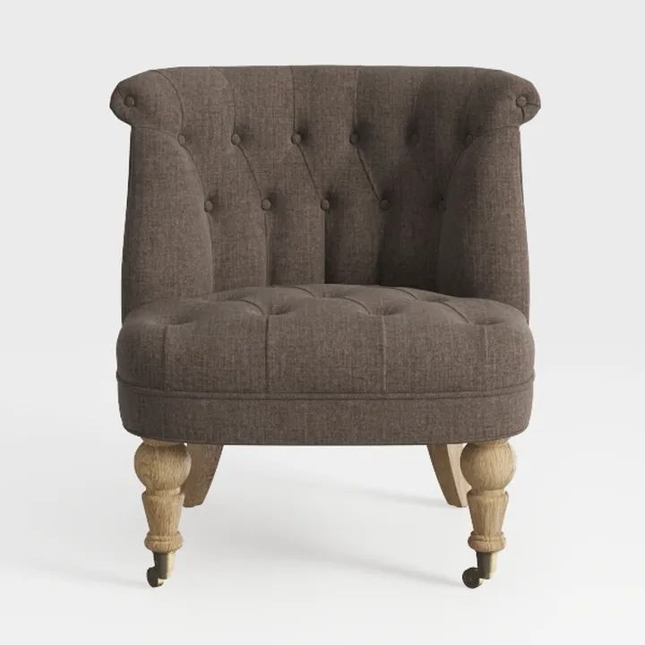 Vintage Tufted Linen Fabric Armchair with Solid Wood Legs 3D Model