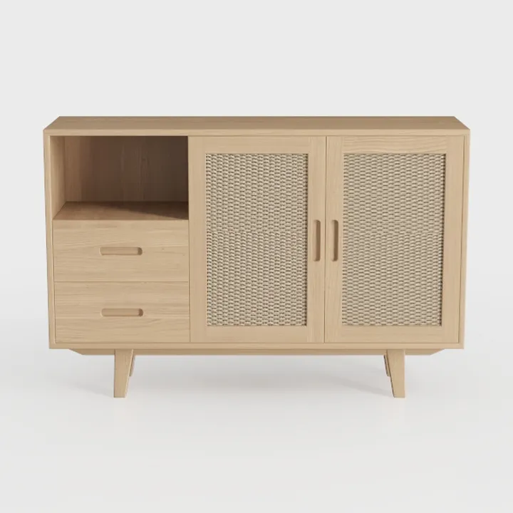 Mid Century Modern Oak Rattan Sideboard Cabinet 3D Model