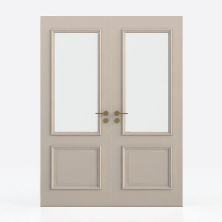 Minimalist Neutral Solid Wood Glass Panel Double Door 3D Model