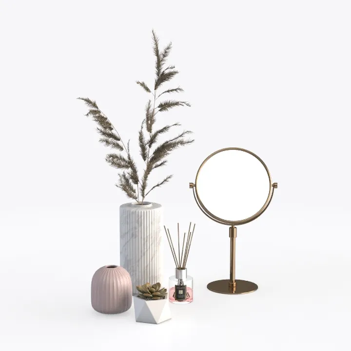 Modern Brass Marble Tabletop Vanity Mirror and Decorative Vase Set 3D Model