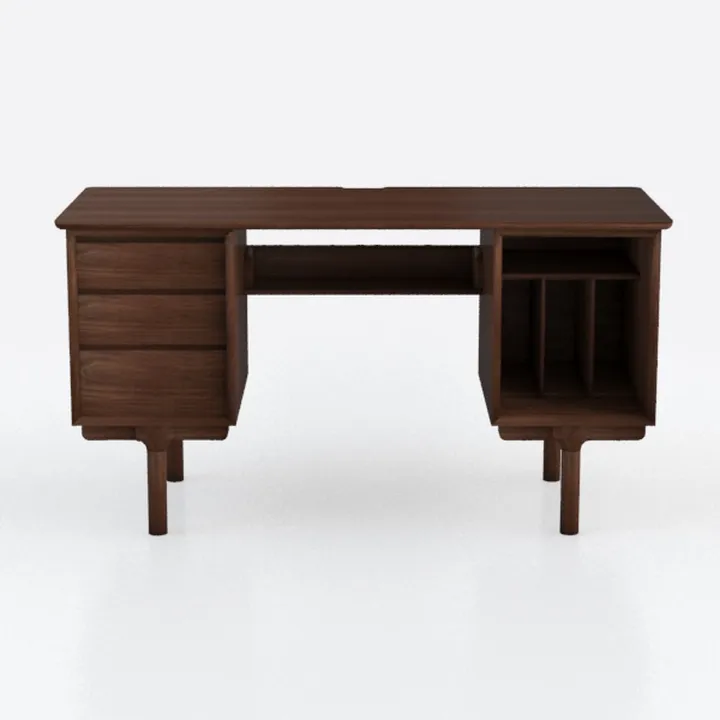 Mid Century Solid Walnut Wood Office Desk With Storage Drawers 3D Model